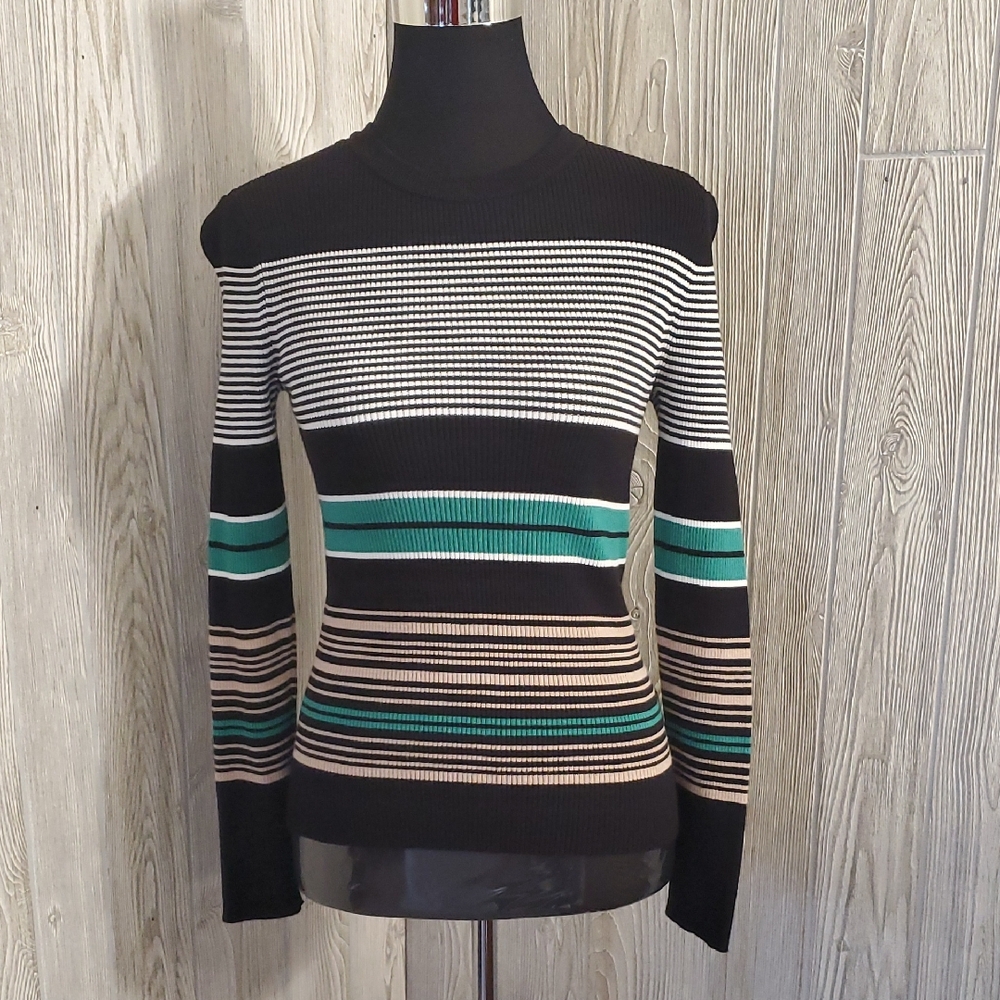 Nine West Black and Green Striped Top